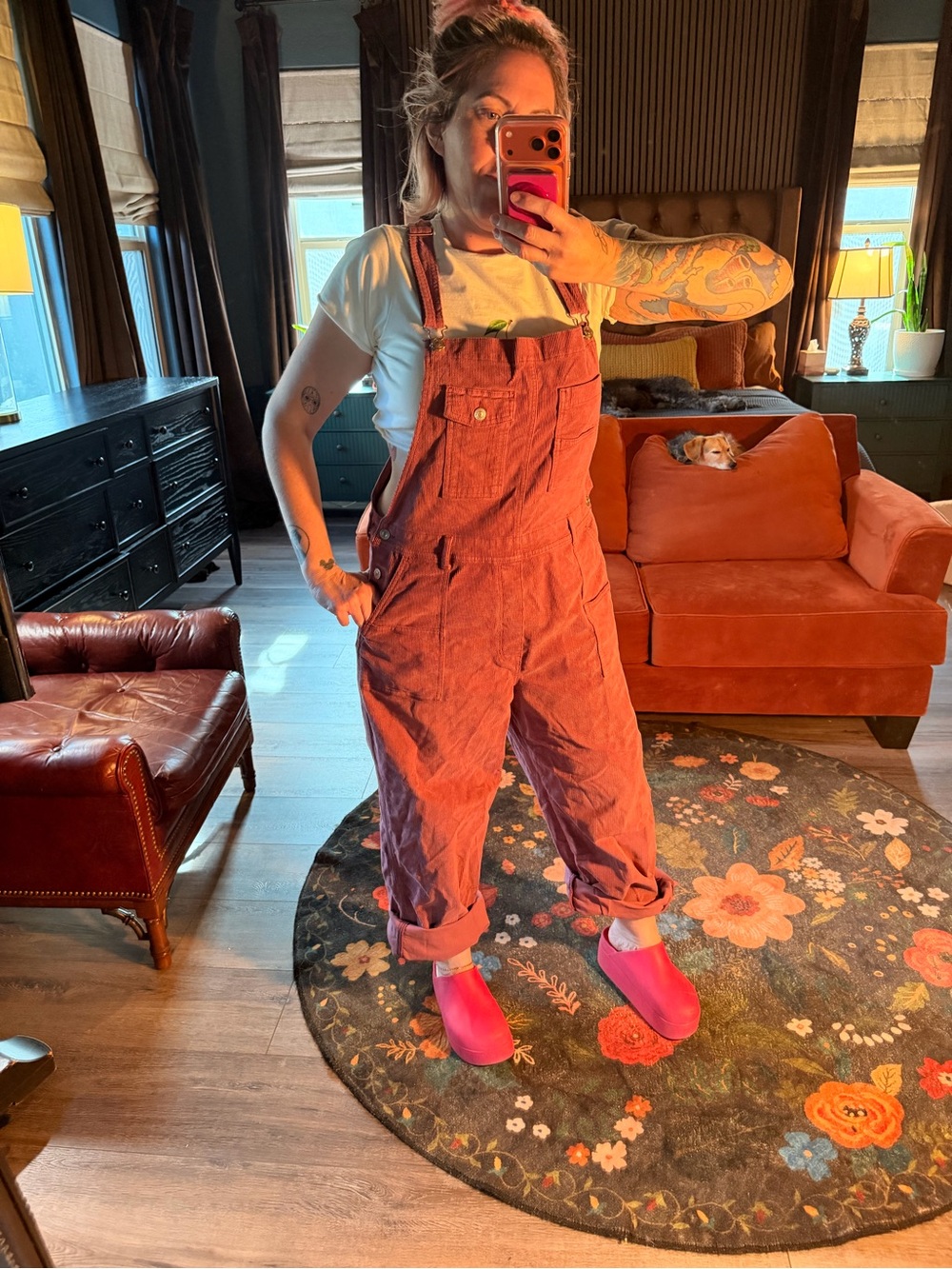 American Eagle Outfitters Rust Rose Corduroy Overalls
